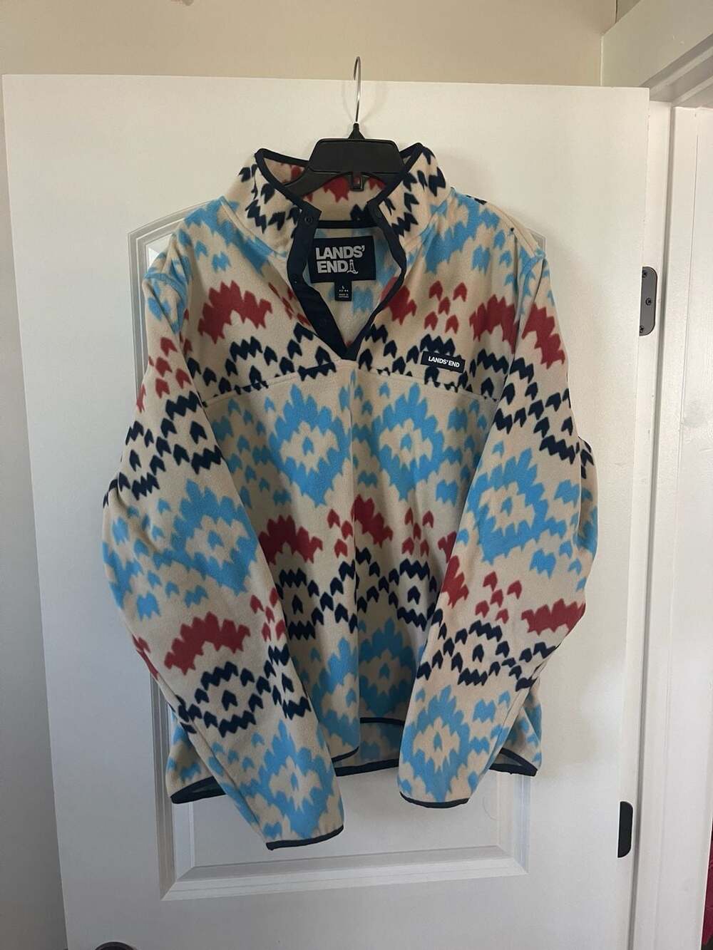 Lands' End Fleece Pullover Size L Multi-Color Aztec Tribal Print